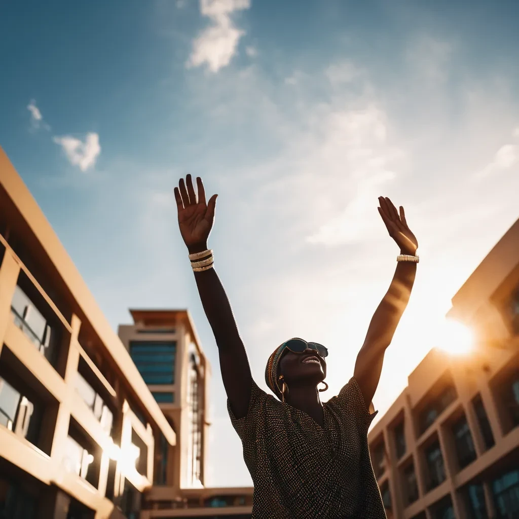 a lady raising her hand in relief